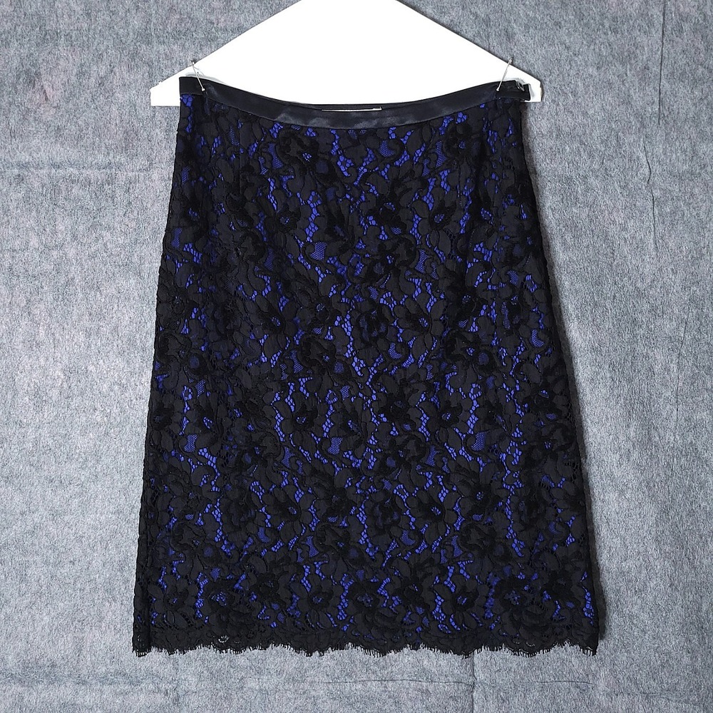 ESCADA Black Blue Floral Lace A-Line Knee Length Silk Lined Skirt Size 38